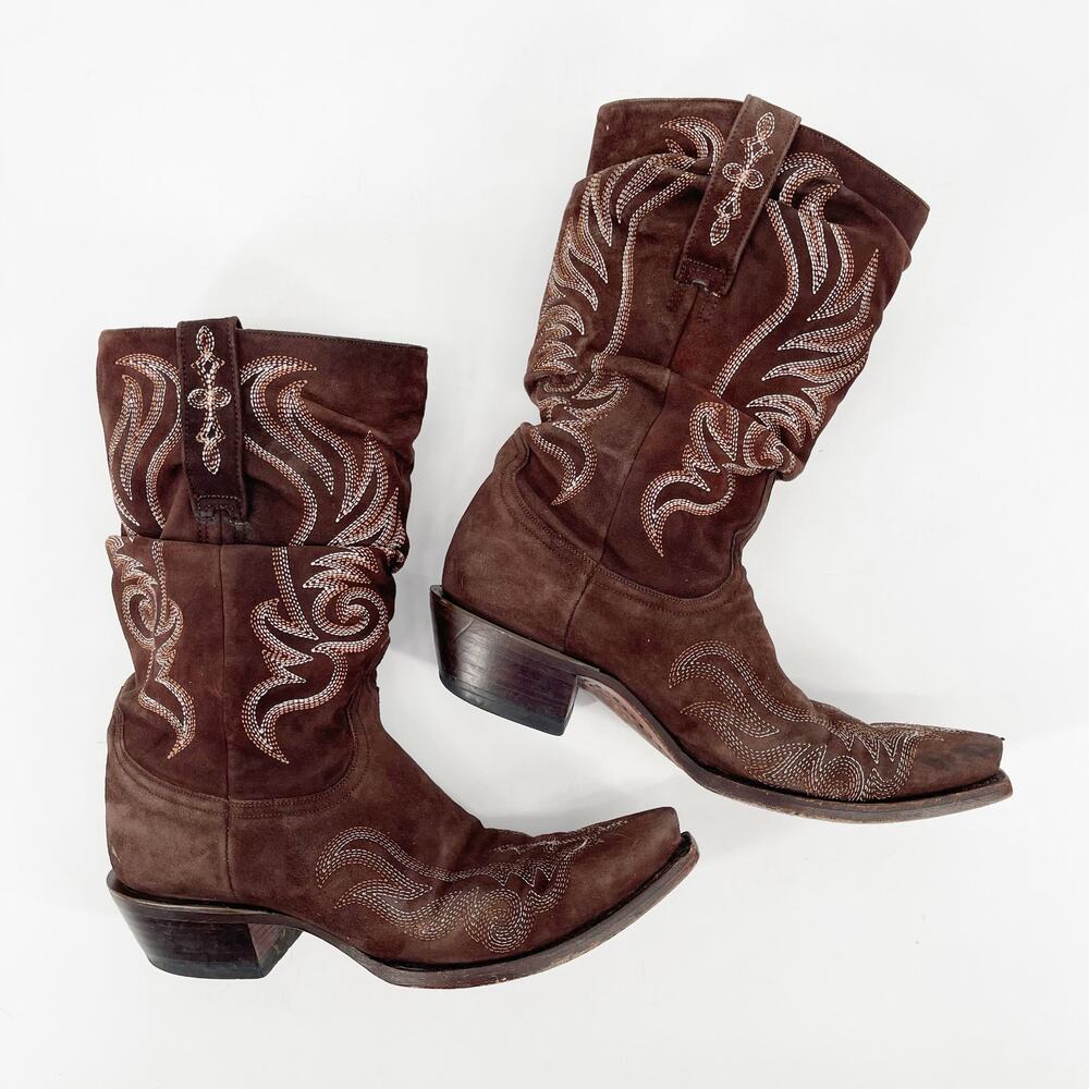 Lucchese Women’s 7 Chocolate Brown Suede Embroidered Slouch Cowgirl Boots - Picture 3 of 11